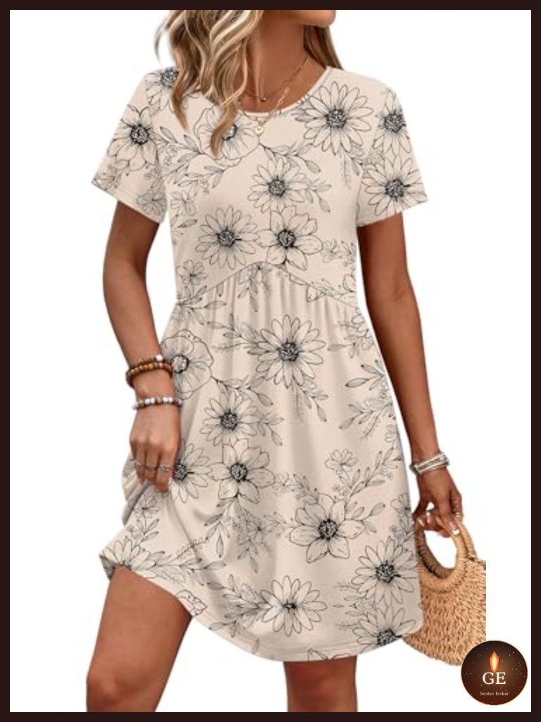 Short Sleeve Crew Neck Empire Waist Maternity Dress With Pockets
